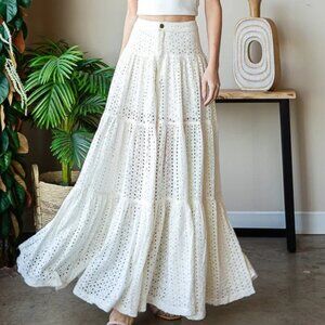 Oli & Hali Mineral Washed Eyelet Tiered Maxi Skirt in Off White New Size Large